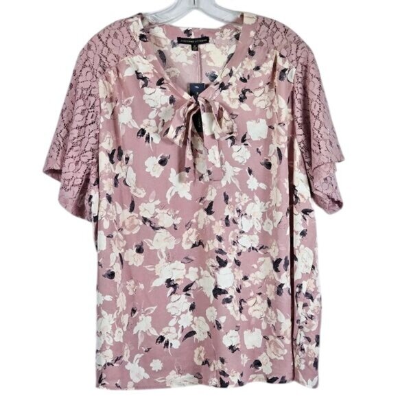 Adrienne Vittadini Pink Floral Blouse Sz 3X Keyhole Tie Lace Sleeves Cottagecore - Picture 1 of 9